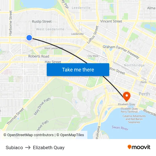 Subiaco to Elizabeth Quay map