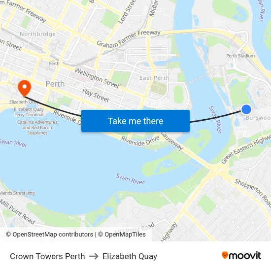 Crown Towers Perth to Elizabeth Quay map