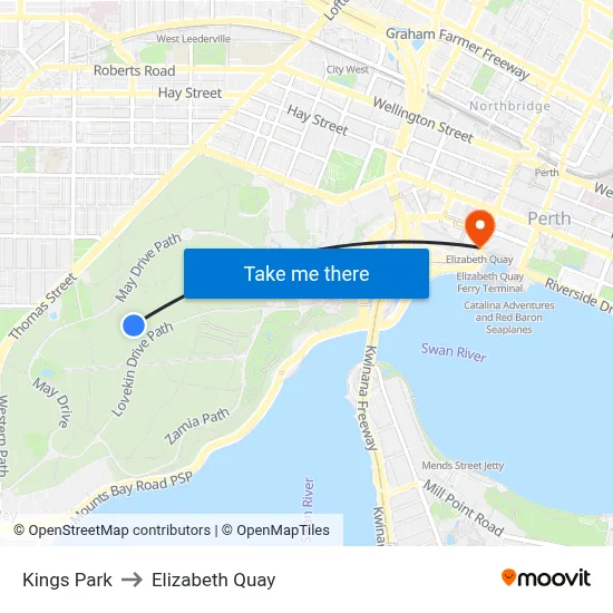 Kings Park to Elizabeth Quay map