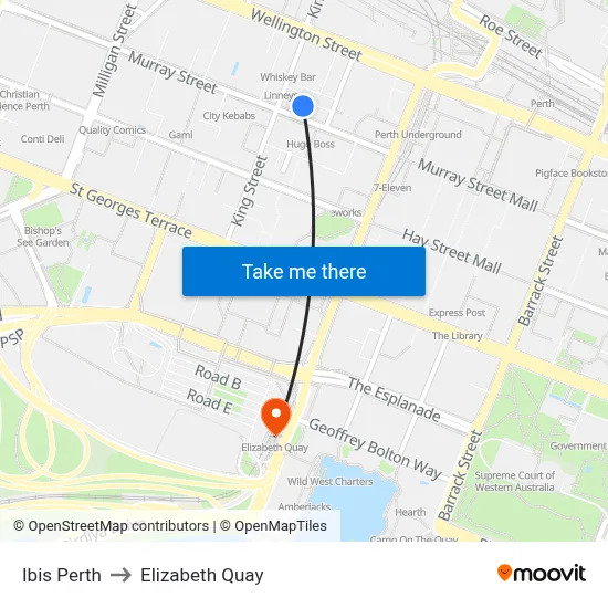 Ibis Perth to Elizabeth Quay map