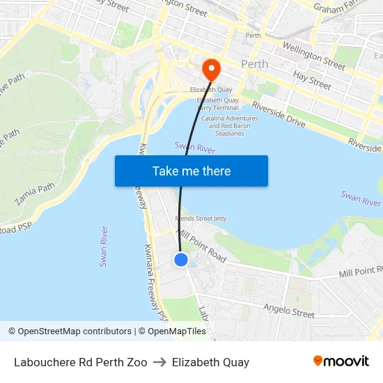 Labouchere Rd Perth Zoo to Elizabeth Quay map