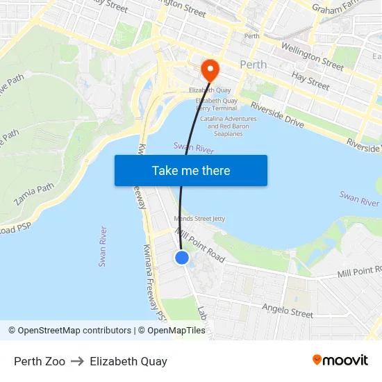 Perth Zoo to Elizabeth Quay map