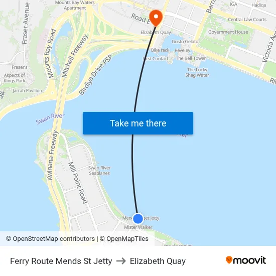 Ferry Route Mends St Jetty to Elizabeth Quay map
