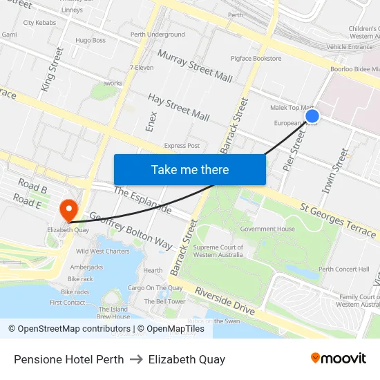 Pensione Hotel Perth to Elizabeth Quay map