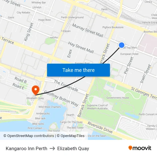 Kangaroo Inn Perth to Elizabeth Quay map