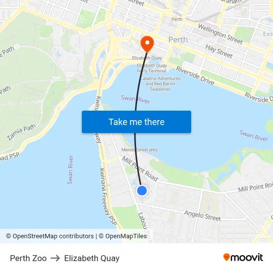 Perth Zoo to Elizabeth Quay map
