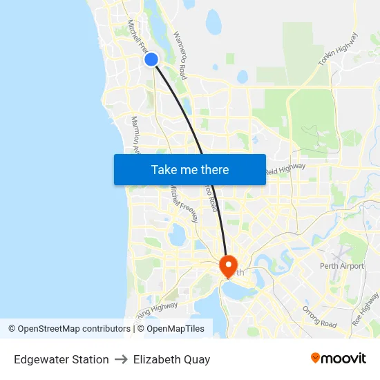 Edgewater Station to Elizabeth Quay map