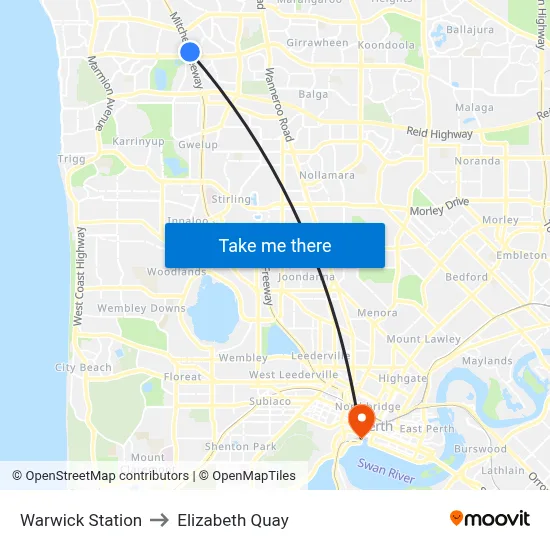 Warwick Station to Elizabeth Quay map
