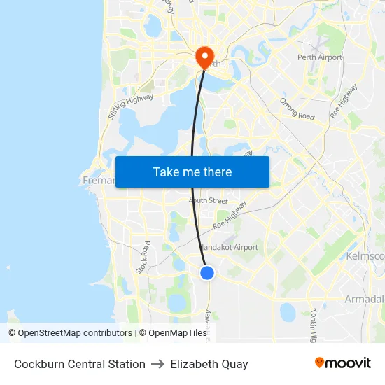 Cockburn Central Station to Elizabeth Quay map