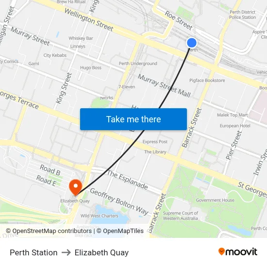 Perth Station to Elizabeth Quay map