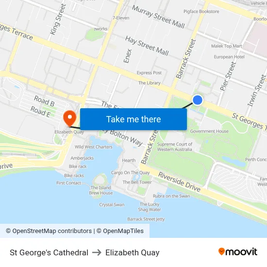 St George's Cathedral to Elizabeth Quay map