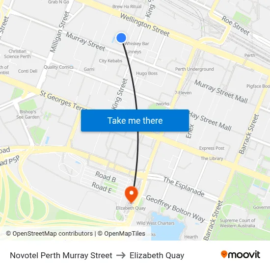 Novotel Perth Murray Street to Elizabeth Quay map