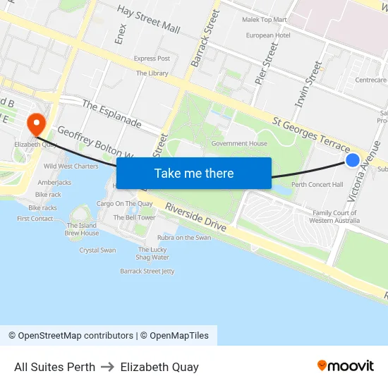 All Suites Perth to Elizabeth Quay map