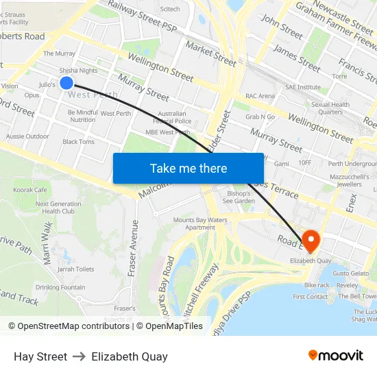 Hay Street to Elizabeth Quay map