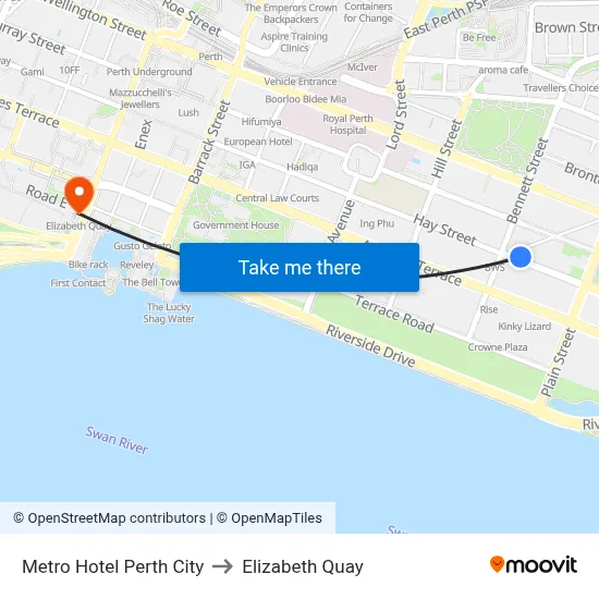 Metro Hotel Perth City to Elizabeth Quay map
