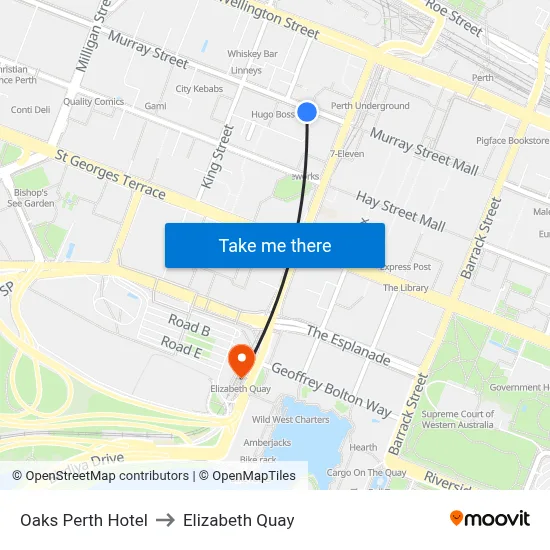 Oaks Perth Hotel to Elizabeth Quay map