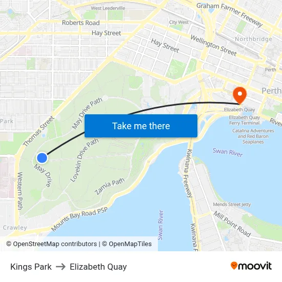 Kings Park to Elizabeth Quay map