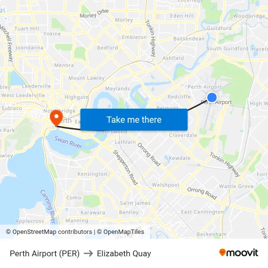 Perth Airport (PER) to Elizabeth Quay map