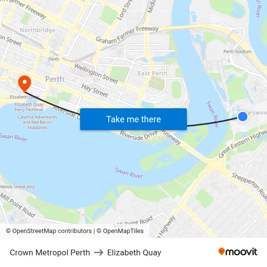 Crown Metropol Perth to Elizabeth Quay map