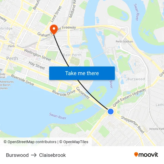 Burswood to Claisebrook map