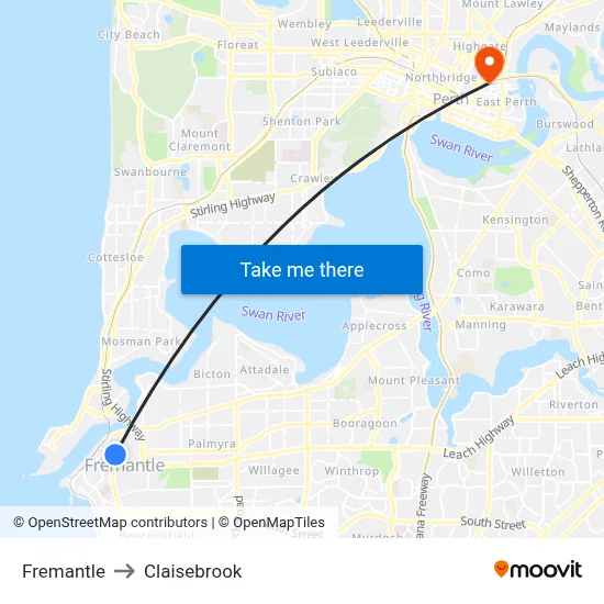 Fremantle to Claisebrook map
