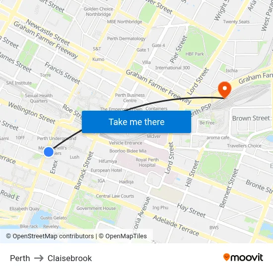 Perth to Claisebrook map