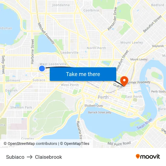 Subiaco to Claisebrook map
