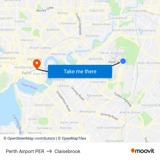 Perth Airport PER to Claisebrook map
