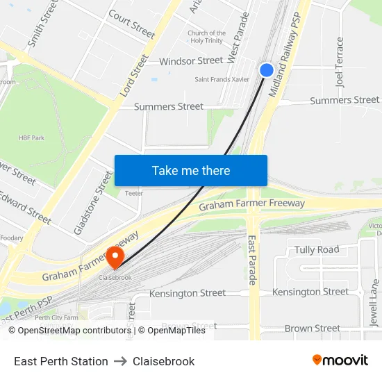 East Perth Station to Claisebrook map