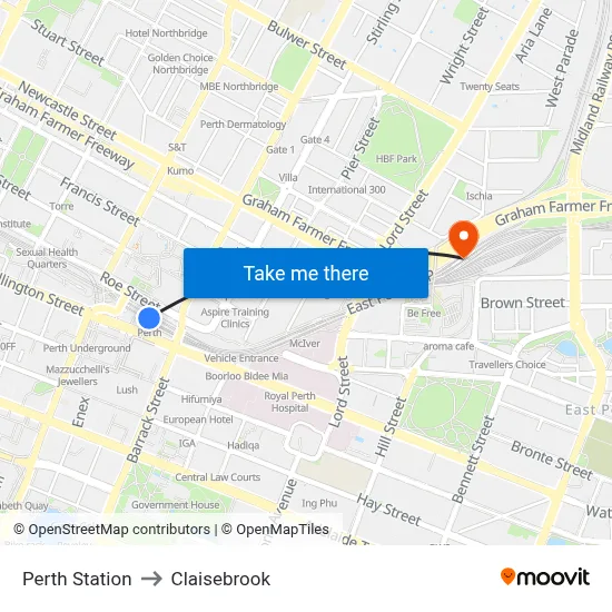 Perth Station to Claisebrook map
