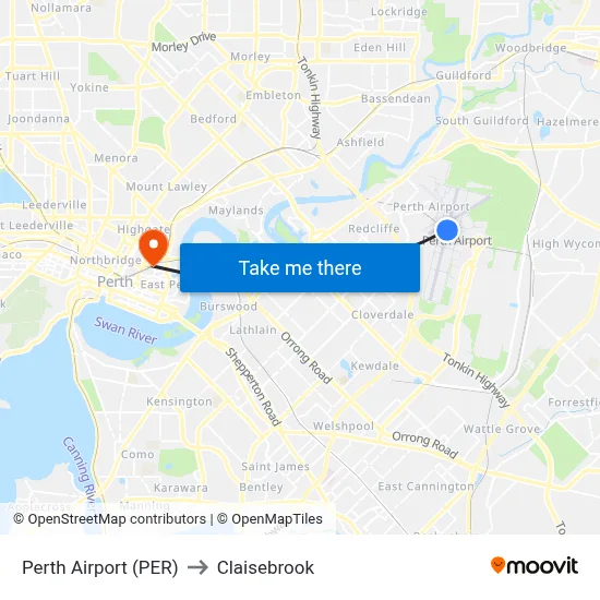 Perth Airport (PER) to Claisebrook map