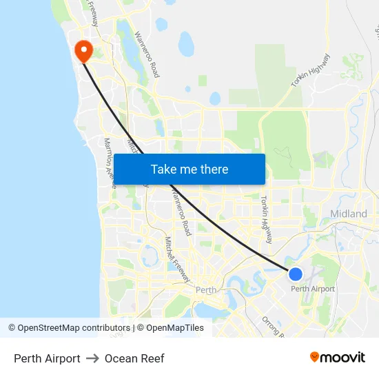 Perth Airport to Ocean Reef map