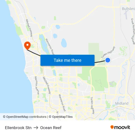 Ellenbrook Stn to Ocean Reef map