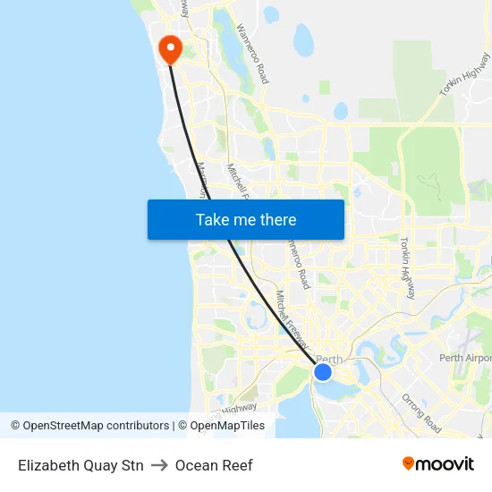 Elizabeth Quay Stn to Ocean Reef map