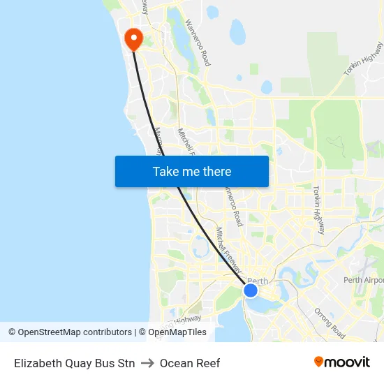 Elizabeth Quay Bus Stn to Ocean Reef map