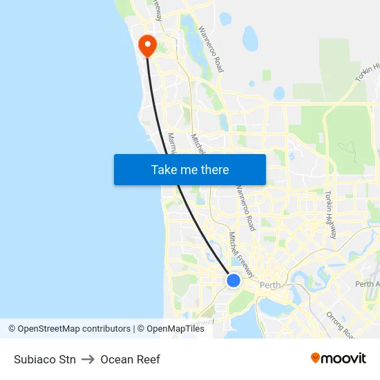 Subiaco Stn to Ocean Reef map