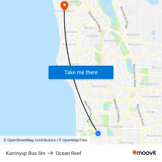 Karrinyup Bus Stn to Ocean Reef map