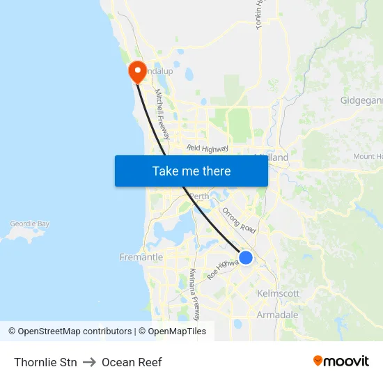 Thornlie Stn to Ocean Reef map