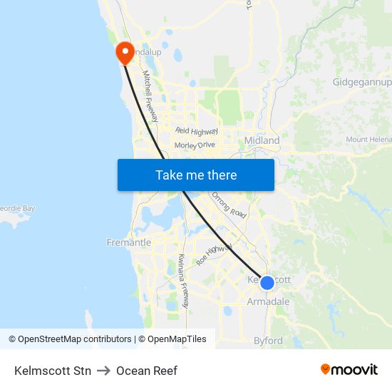 Kelmscott Stn to Ocean Reef map