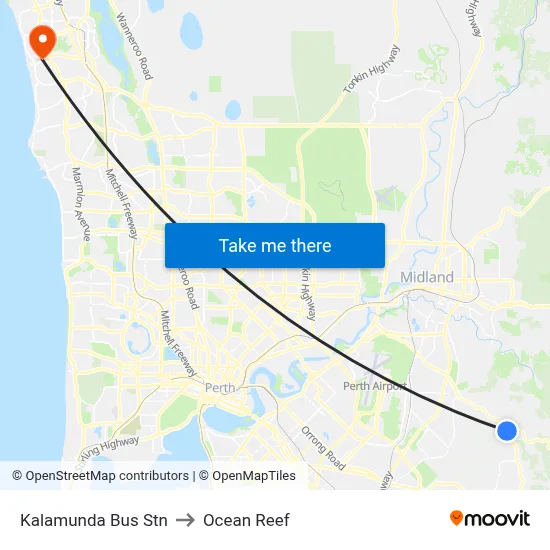 Kalamunda Bus Stn to Ocean Reef map