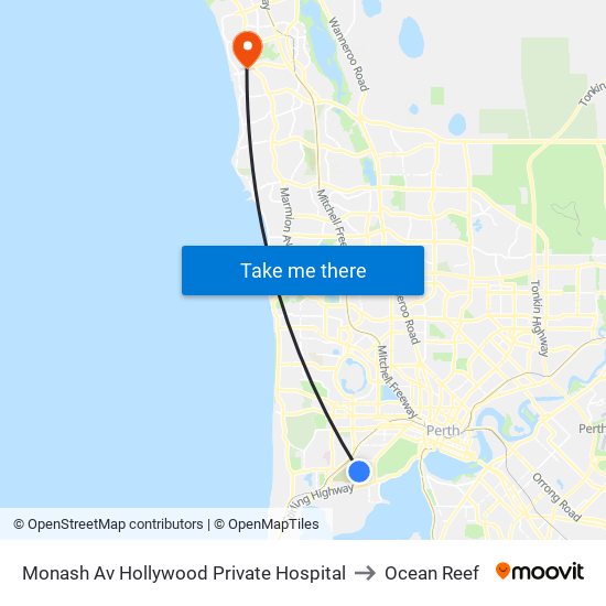 Monash Av Hollywood Private Hospital to Ocean Reef map