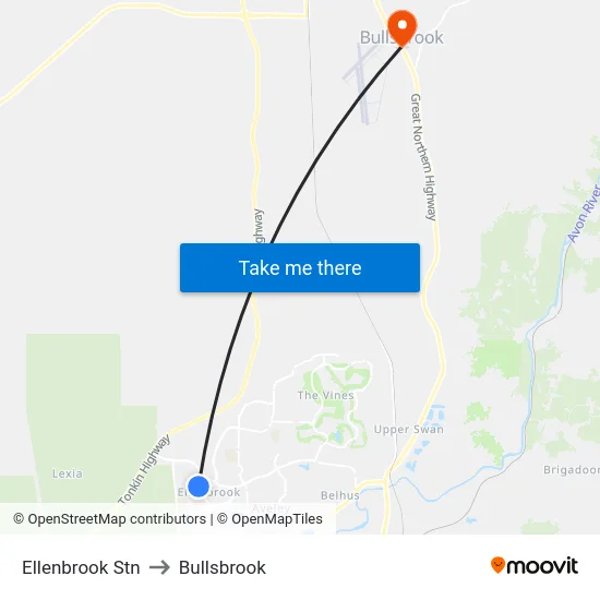 Ellenbrook Stn to Bullsbrook map