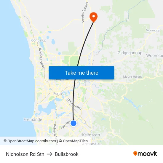 Nicholson Rd Stn to Bullsbrook map