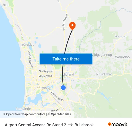 Airport Central Access Rd Stand 2 to Bullsbrook map