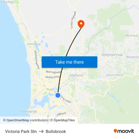Victoria Park Stn to Bullsbrook map