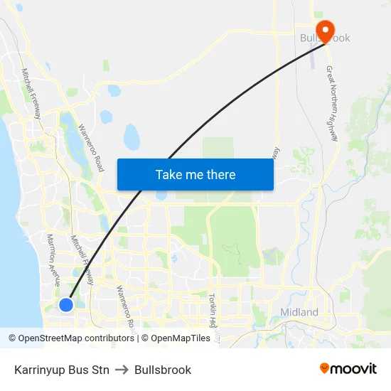 Karrinyup Bus Stn to Bullsbrook map