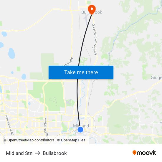 Midland Stn to Bullsbrook map