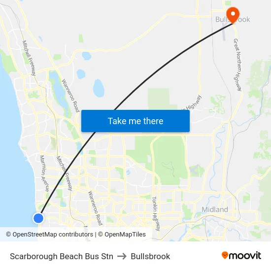 Scarborough Beach Bus Stn to Bullsbrook map
