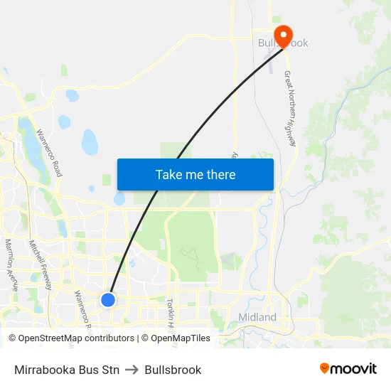 Mirrabooka Bus Stn to Bullsbrook map