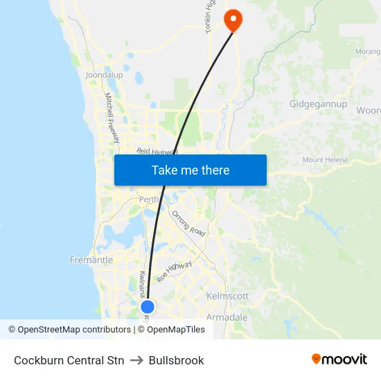 Cockburn Central Stn to Bullsbrook map